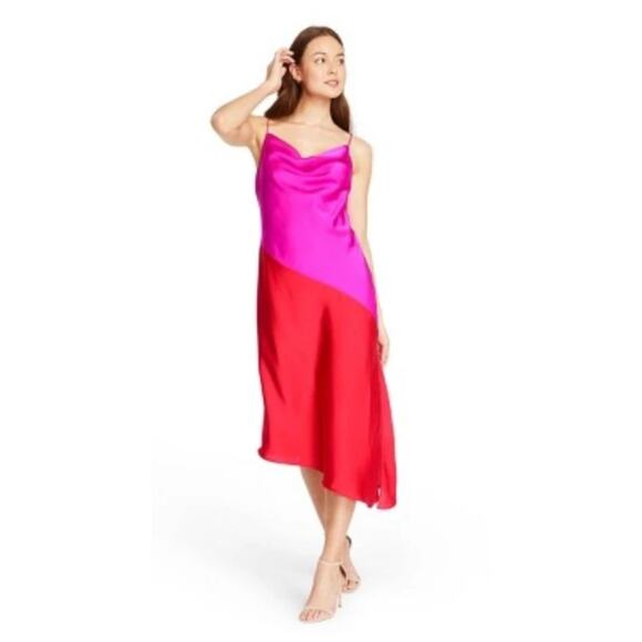 Cushnie Women Pink Red Colorblock Asymmetrical Slip Dress 8 Midi Cowl Neck Satin - Picture 1 of 12